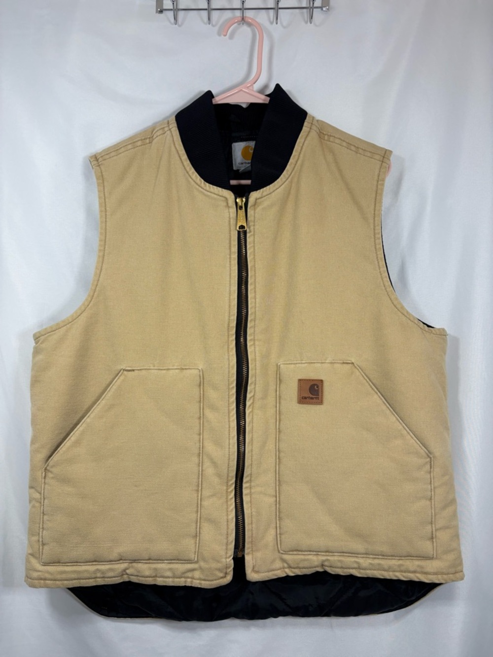 Carhartt Cotten Duck Vest Sandstone/Tan Quilted Work Vest with Black Rib Collar